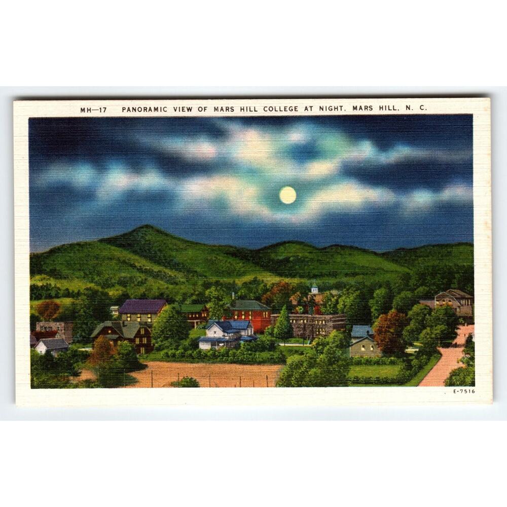 Mars Hill College At Night by Moon Campus North Carolina Linen Postcard Unused